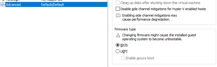 VM boot options with BIOS