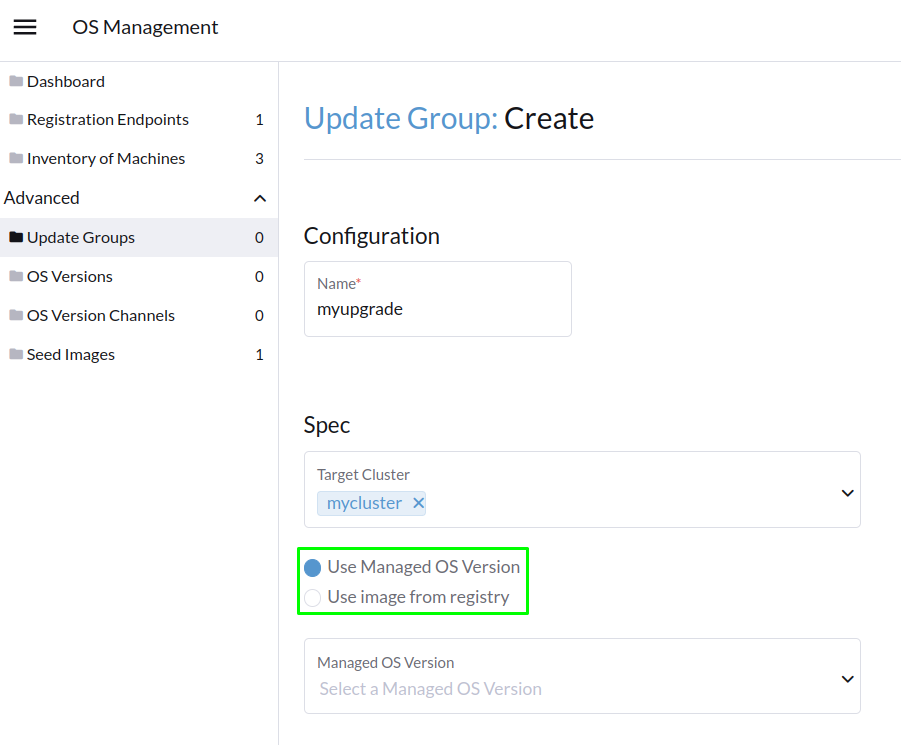 SUSE® Rancher Prime OS Manager Upgrade Menu