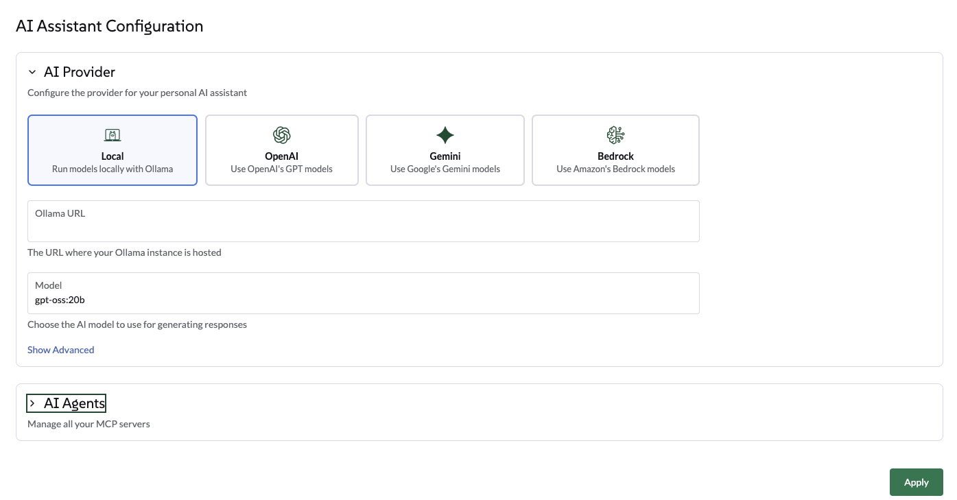 Ollama configuration screen