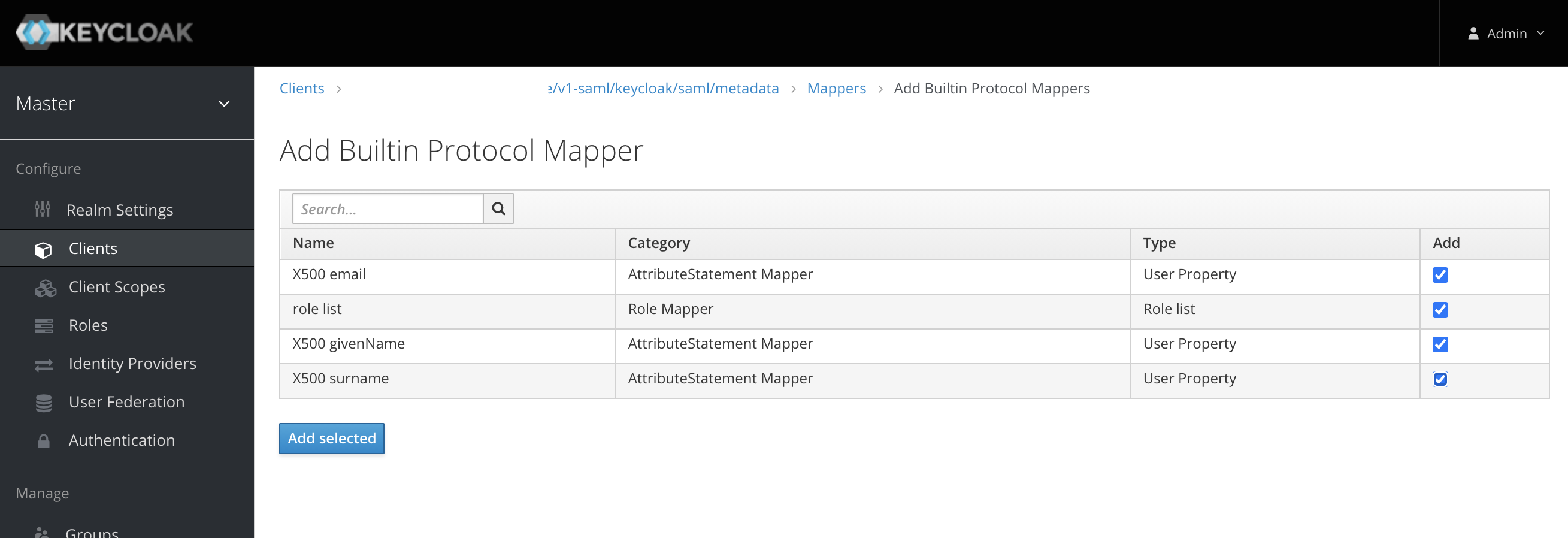 keycloak saml client builtin mappers