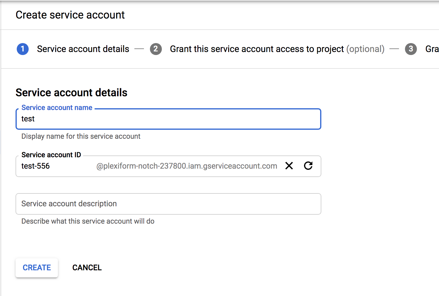 Service account creation Step 1