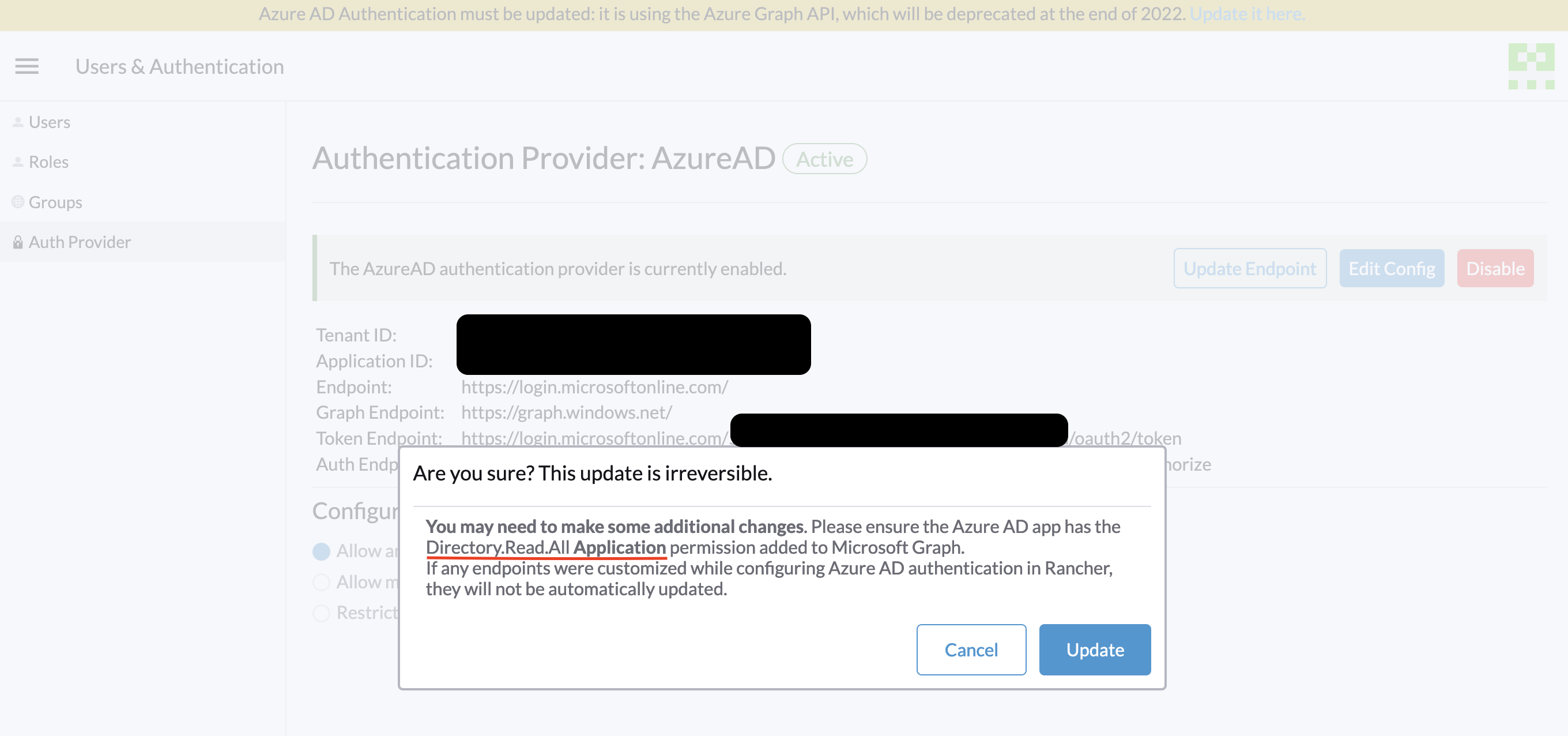 Azure Update Pop-up