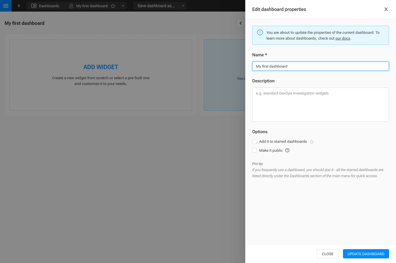 Schublade "Dashboard-Eigenschaften bearbeiten"