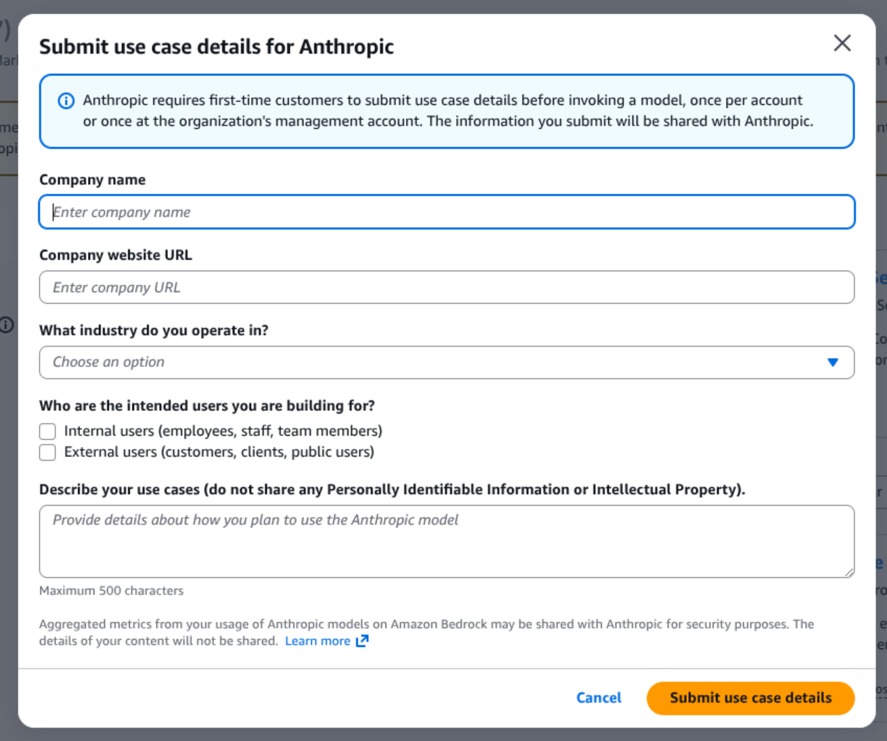Anthropic model access request in AWS Bedrock