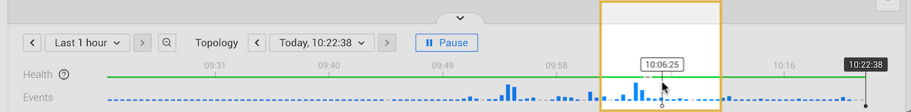 Haz clic en cualquier parte de la línea de tiempo para establecer el tiempo de topología en ese momento