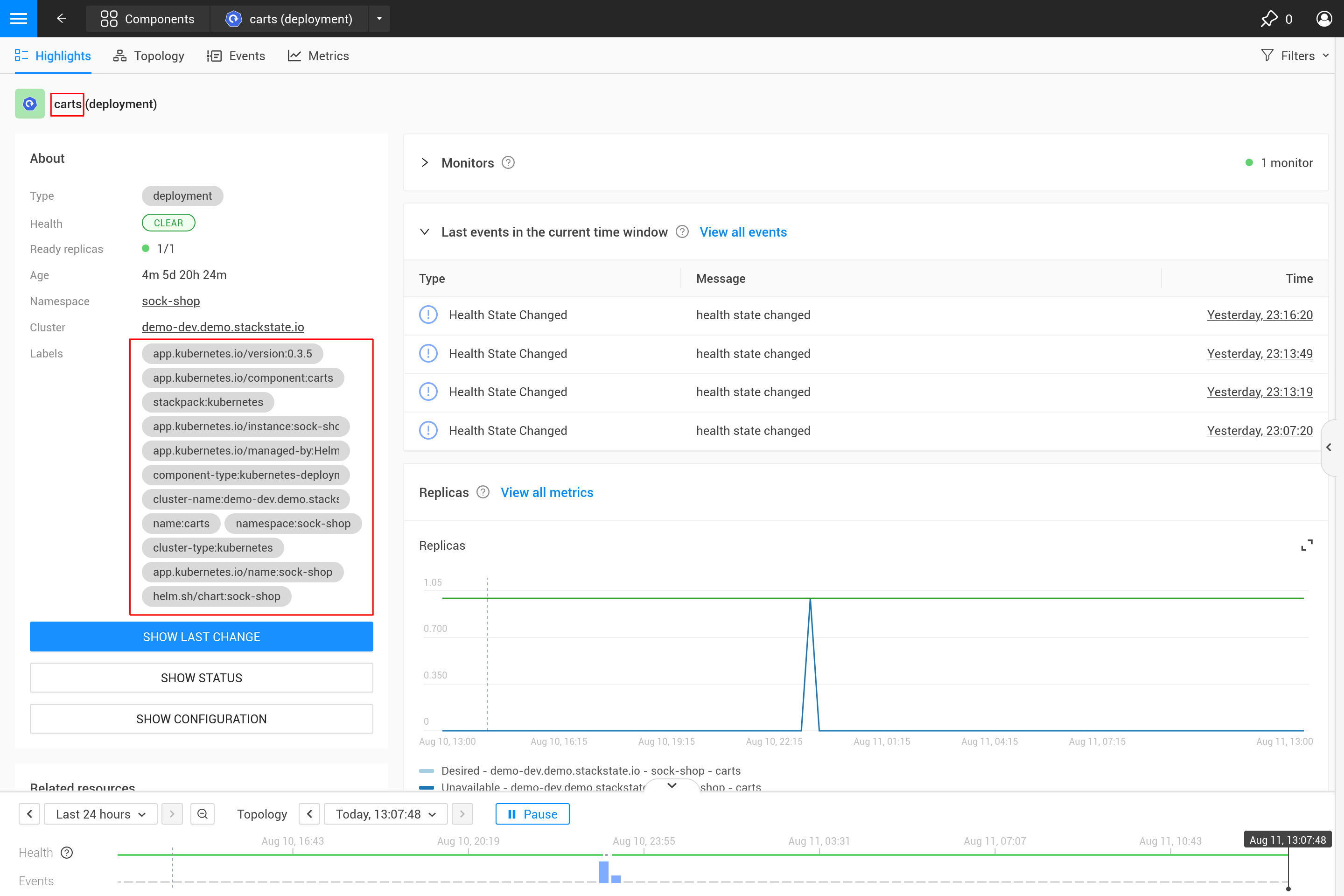 Página de Destaques do Componente que mostra os rótulos e o nome do componente (ambos destacados em vermelho)