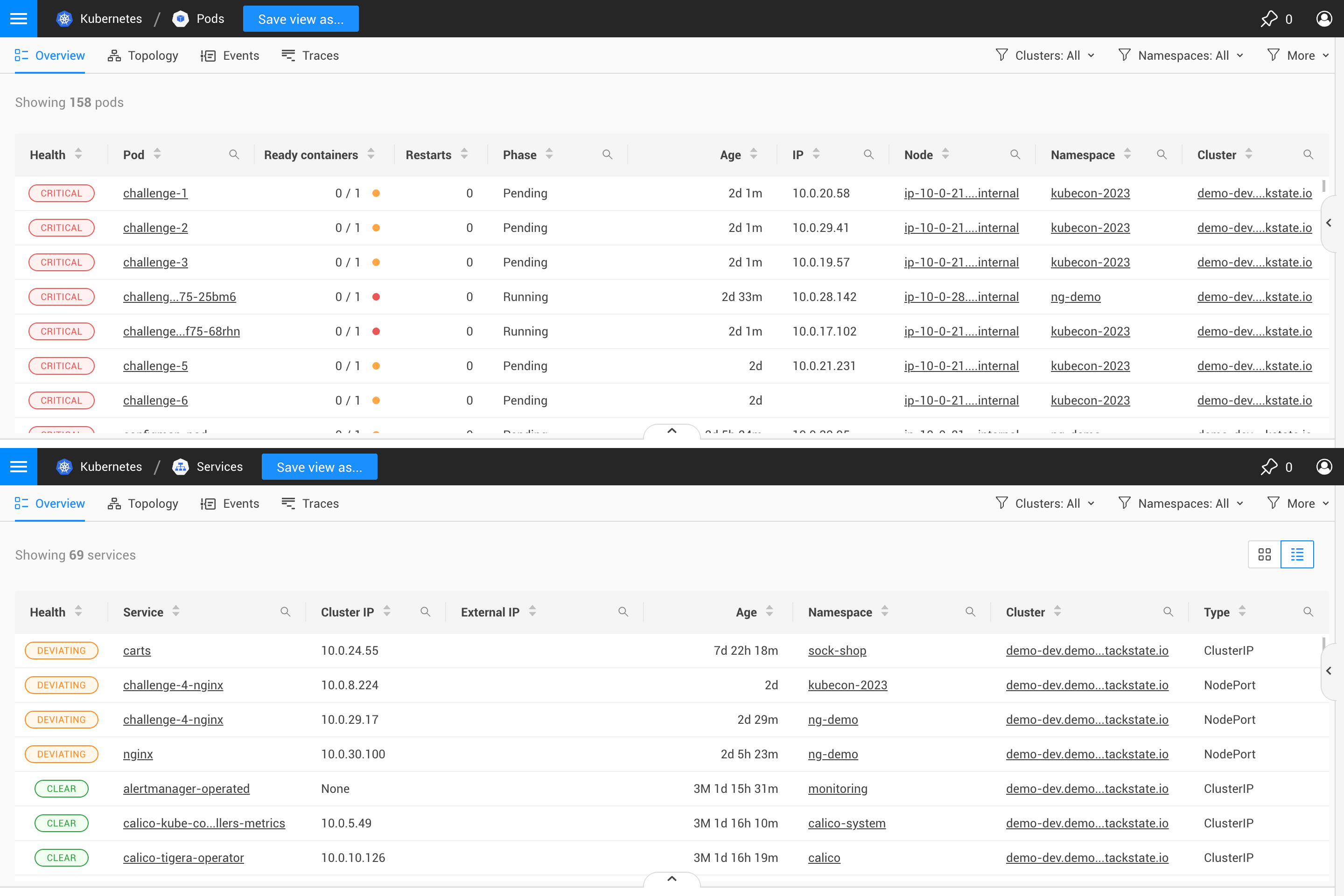 Comparação da estrutura da tabela da perspectiva geral