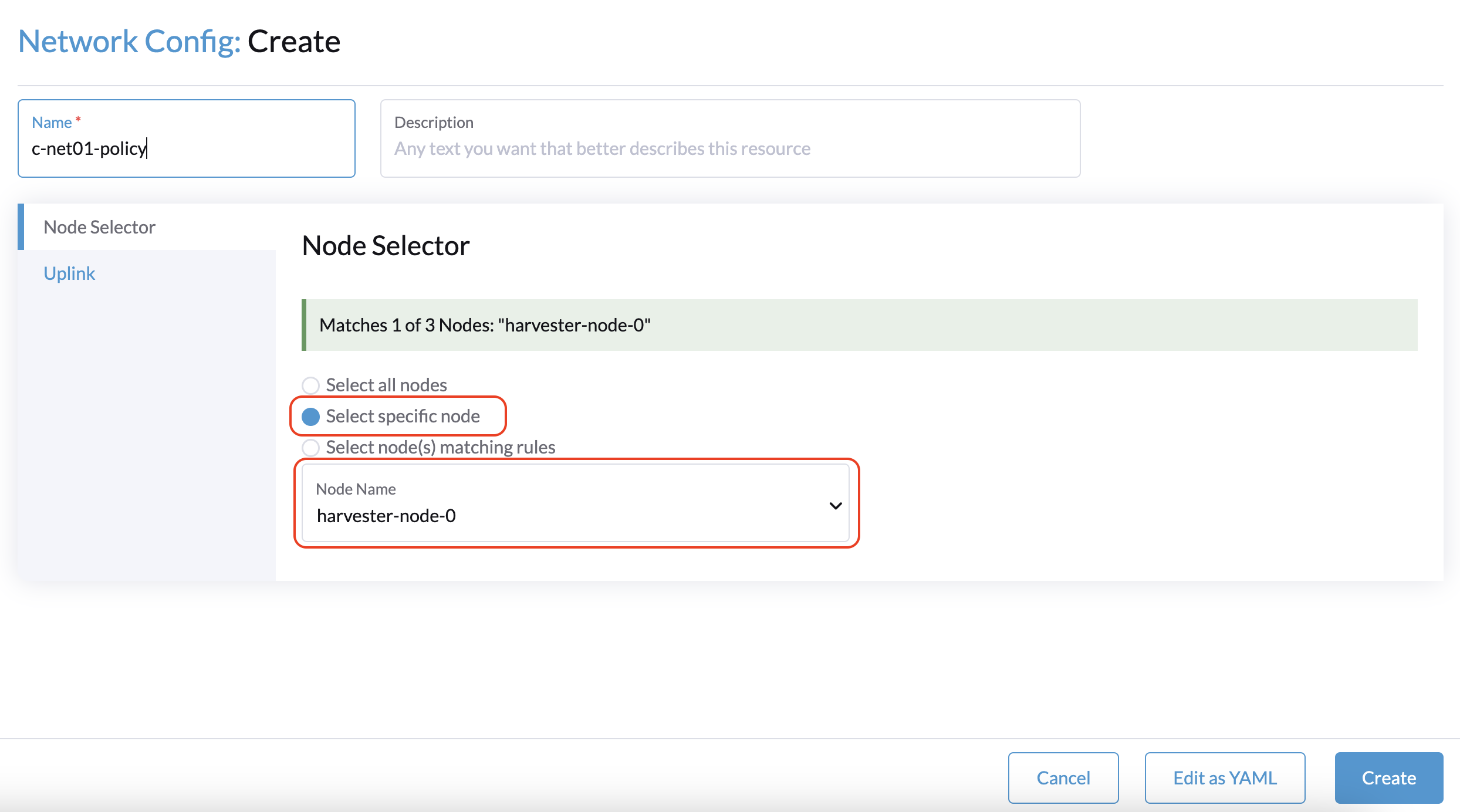 create network config with specific node