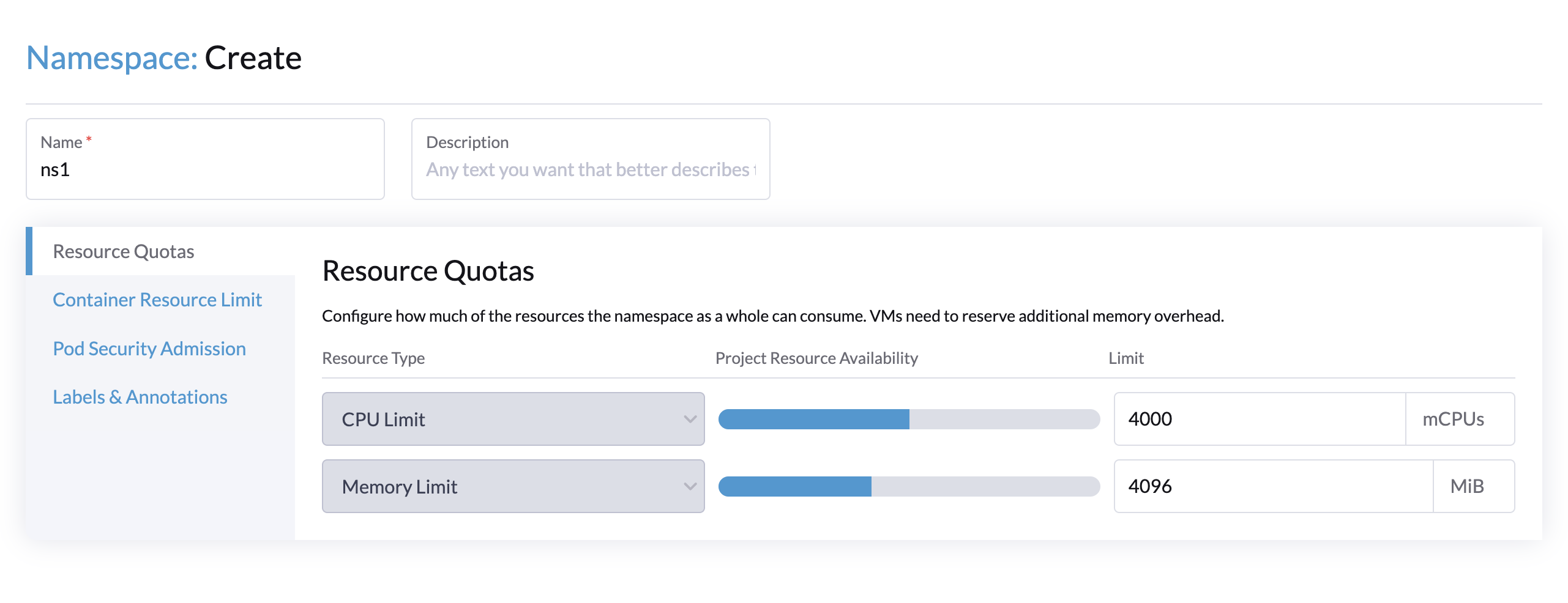 resource quota create namespace