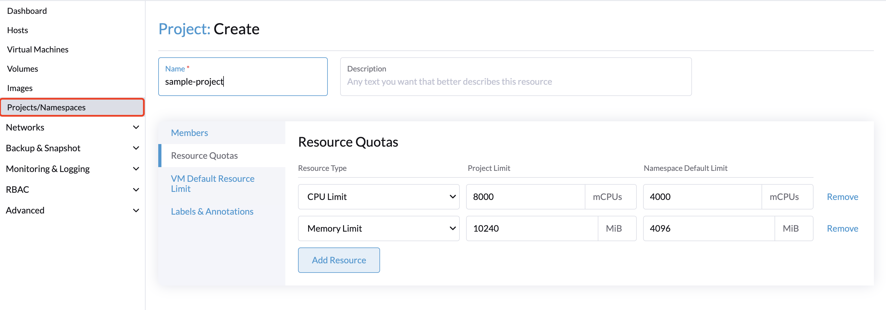 resource quota create project