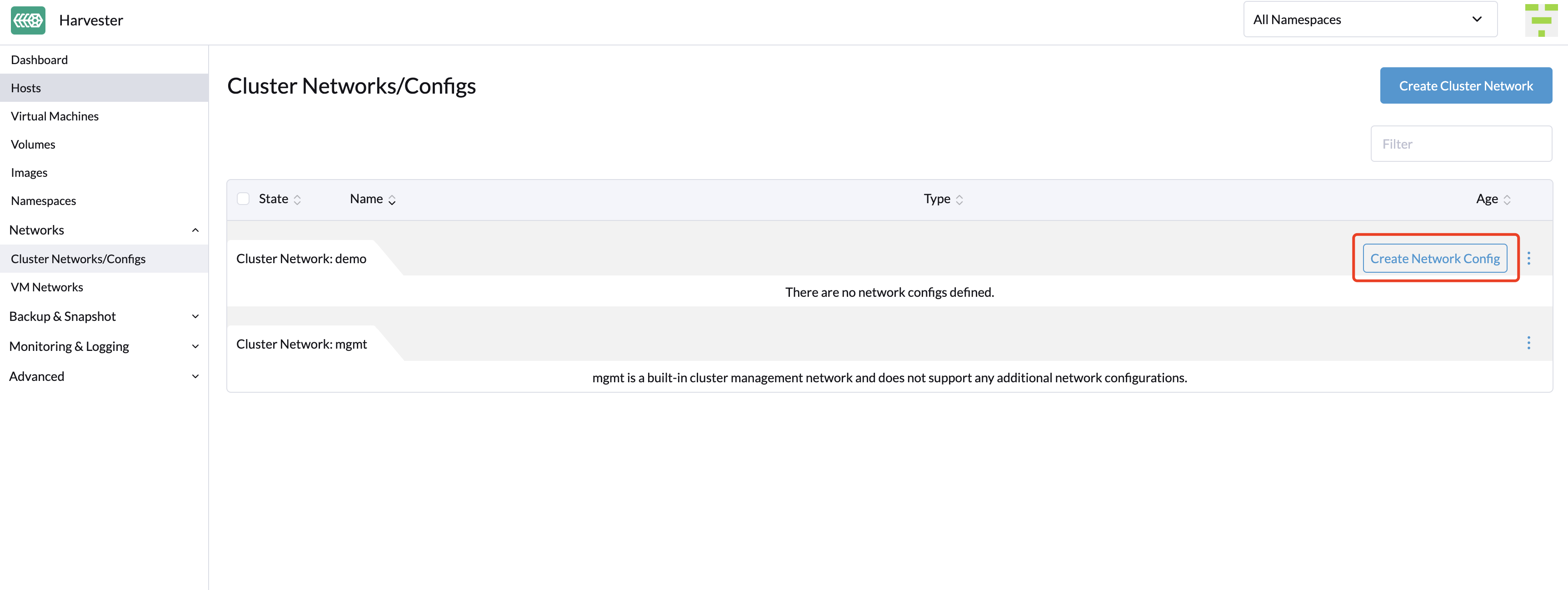 create network config button