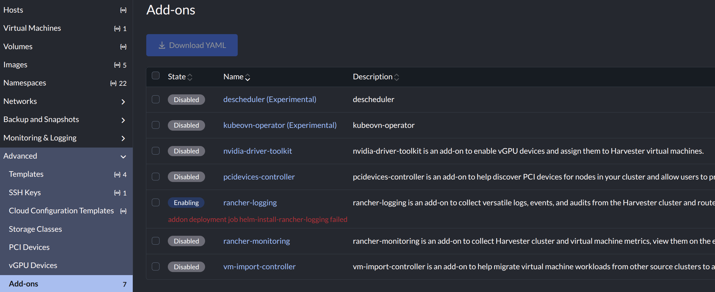 Failure to enable rancher-logging add-on