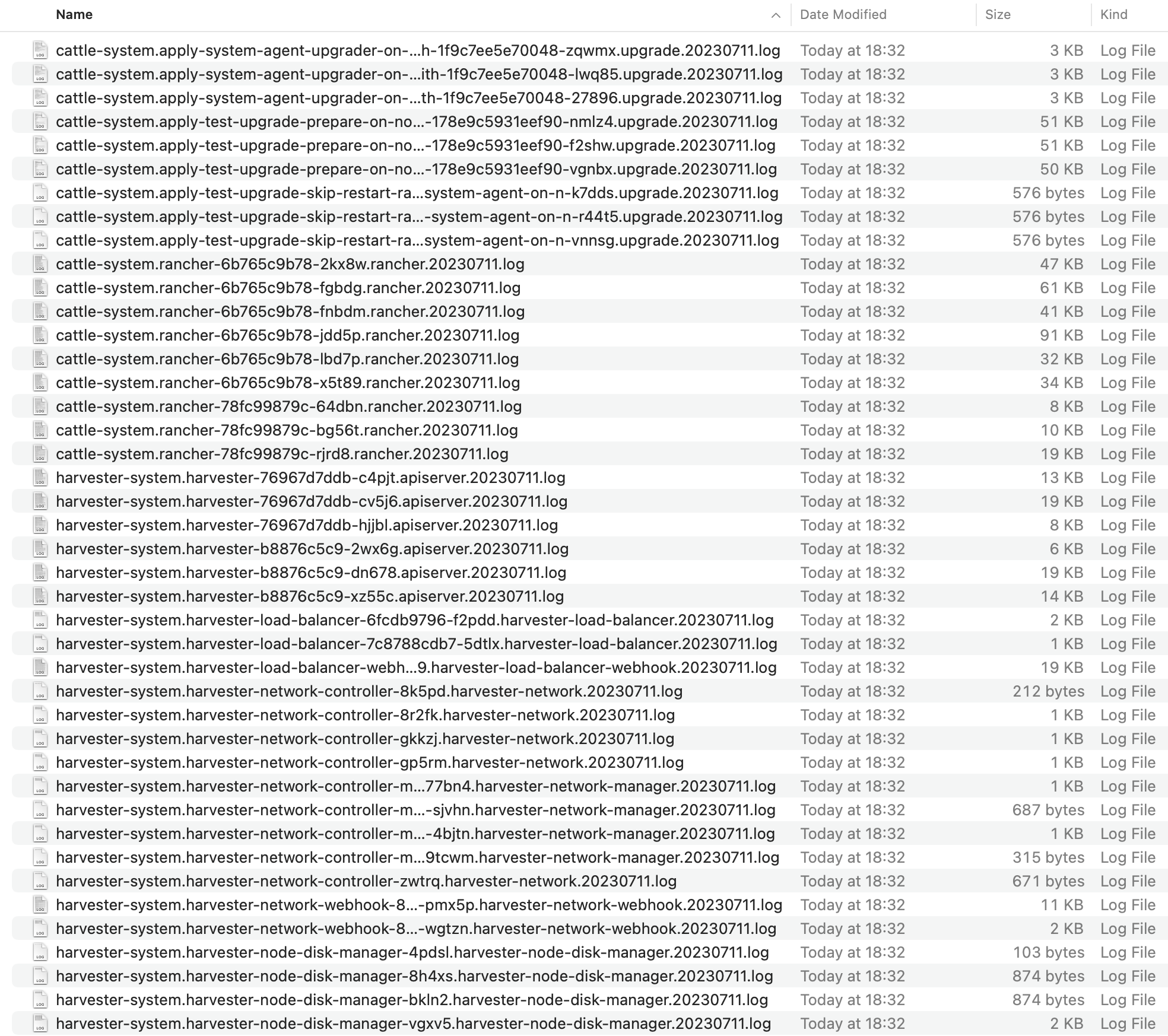 The upgrade log archive contains all the logs generated by the upgrade-related Pods