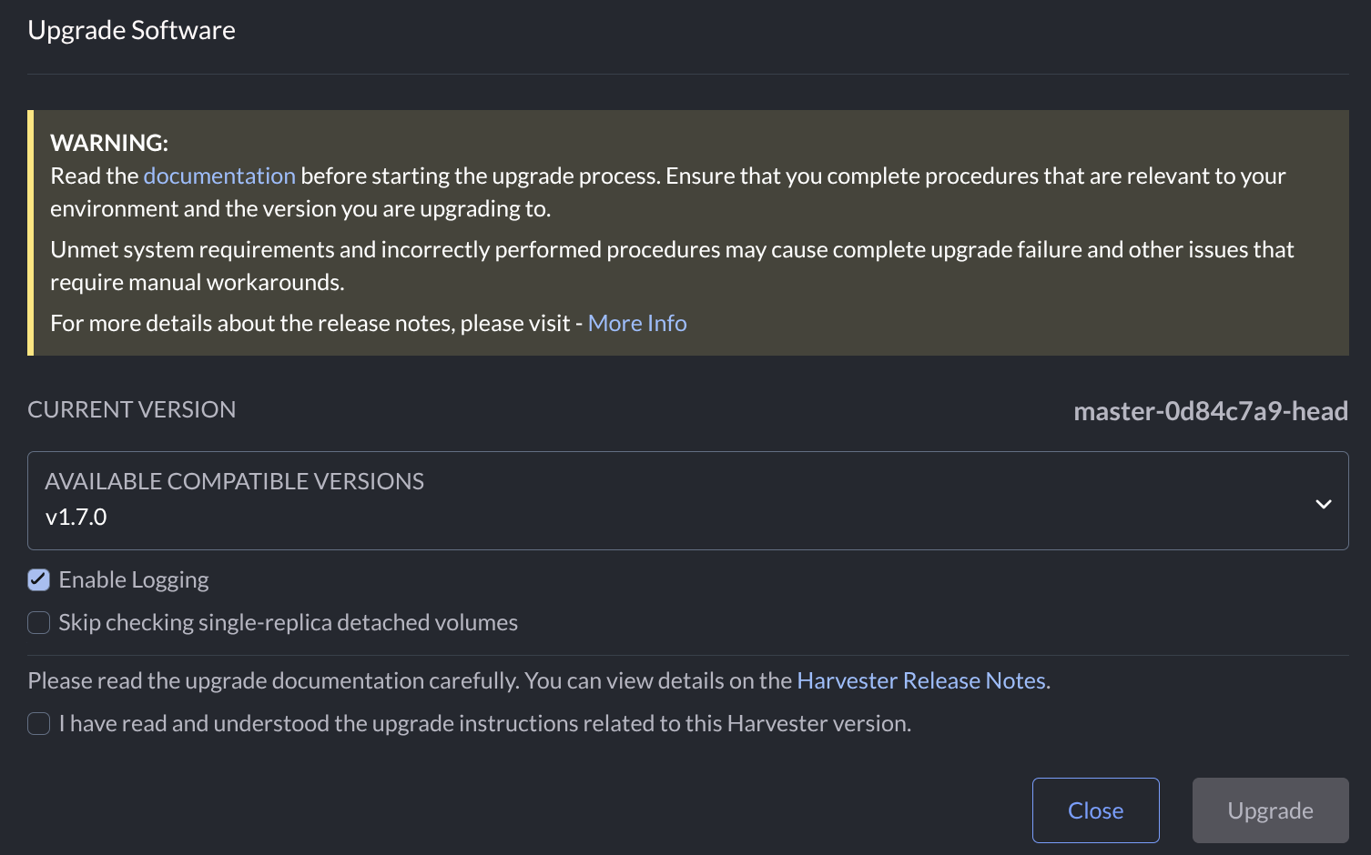 Logging enabled during upgrade