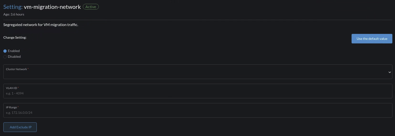 VM migration network enabled