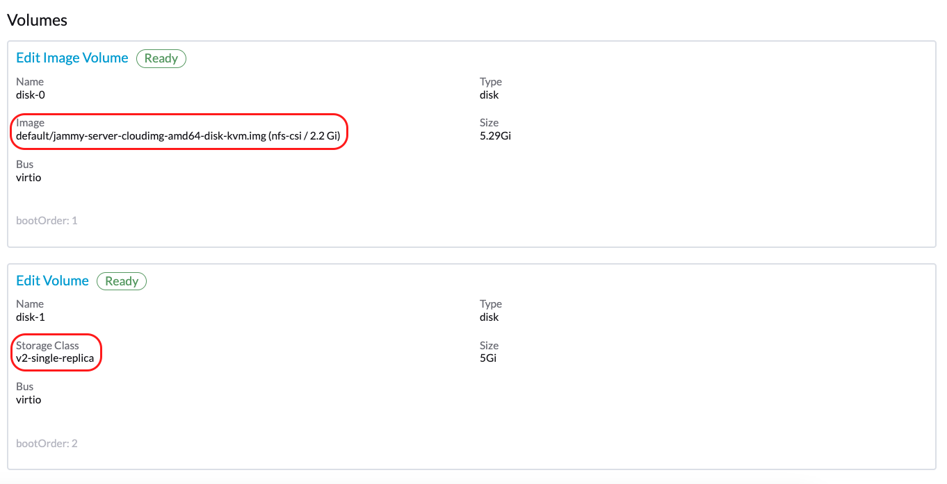 various volumes for vm created