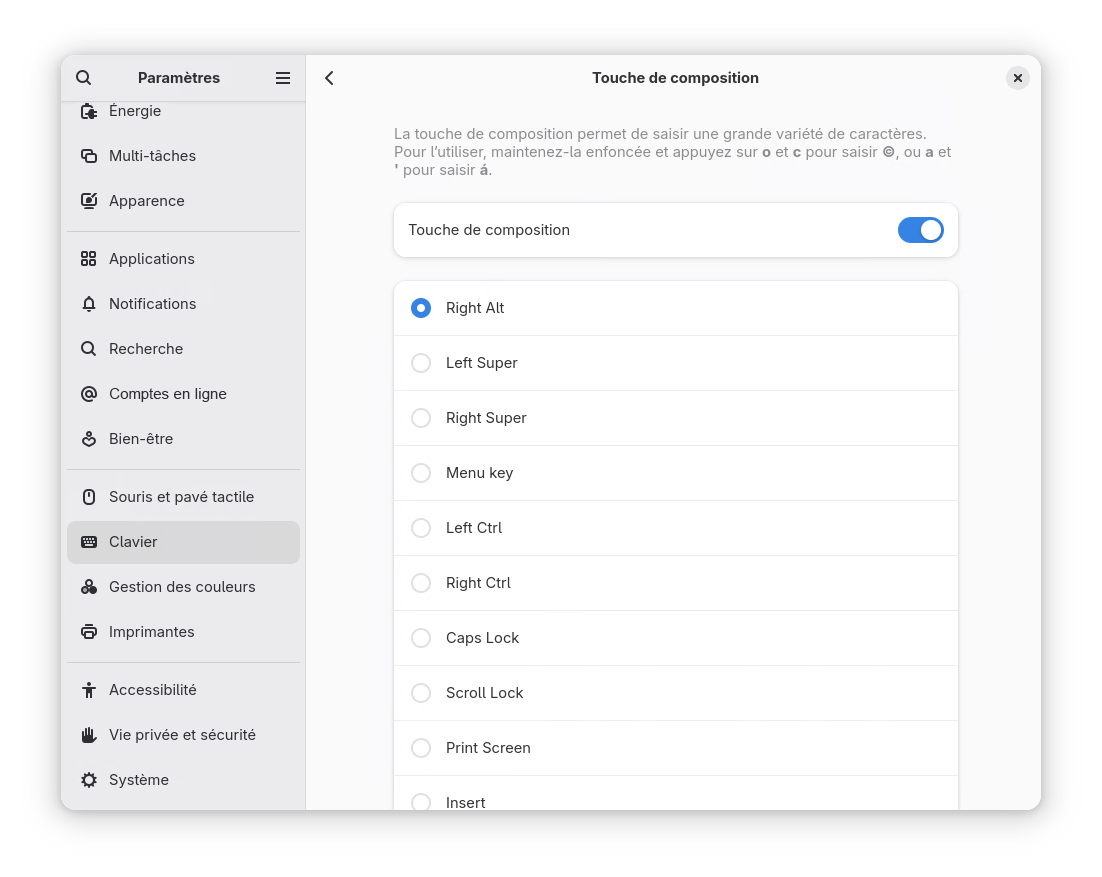 Bureau GNOME : activation de la séquence de caractères pour la touche de composition Bureau GNOME : activation de la séquence de caractères pour la touche de composition