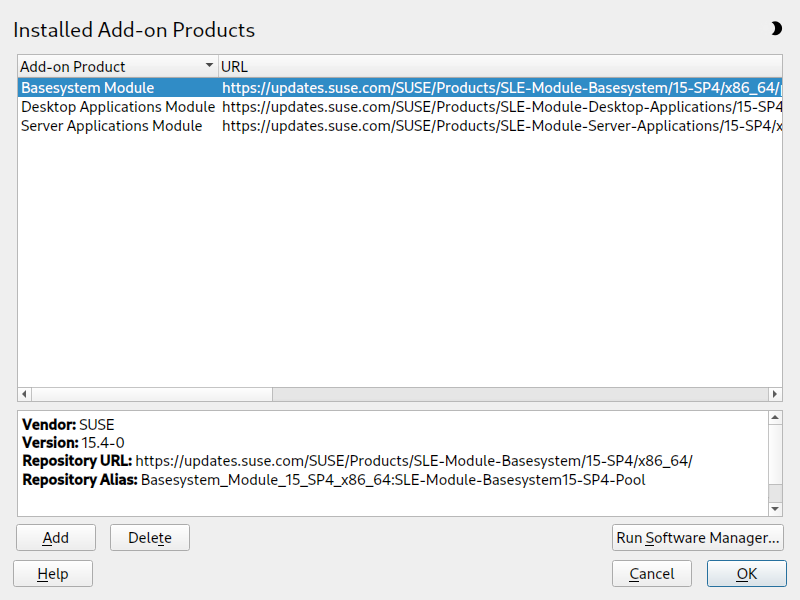 Installed Add-on Products dialog
