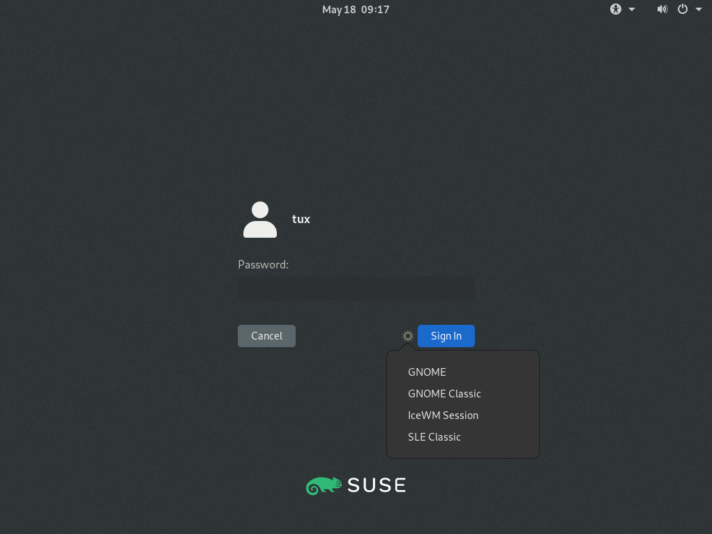 Default GNOME login screen—session type