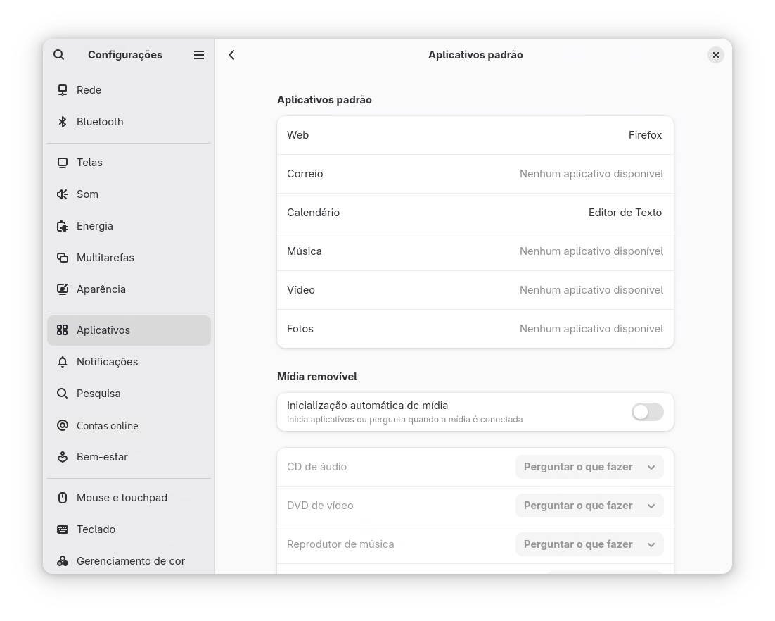 Aplicativos padrão do GNOME com a lista de aplicativos usados para abrir links e arquivos comuns Aplicativos padrão do GNOME com a lista de aplicativos usados para abrir links e arquivos comuns