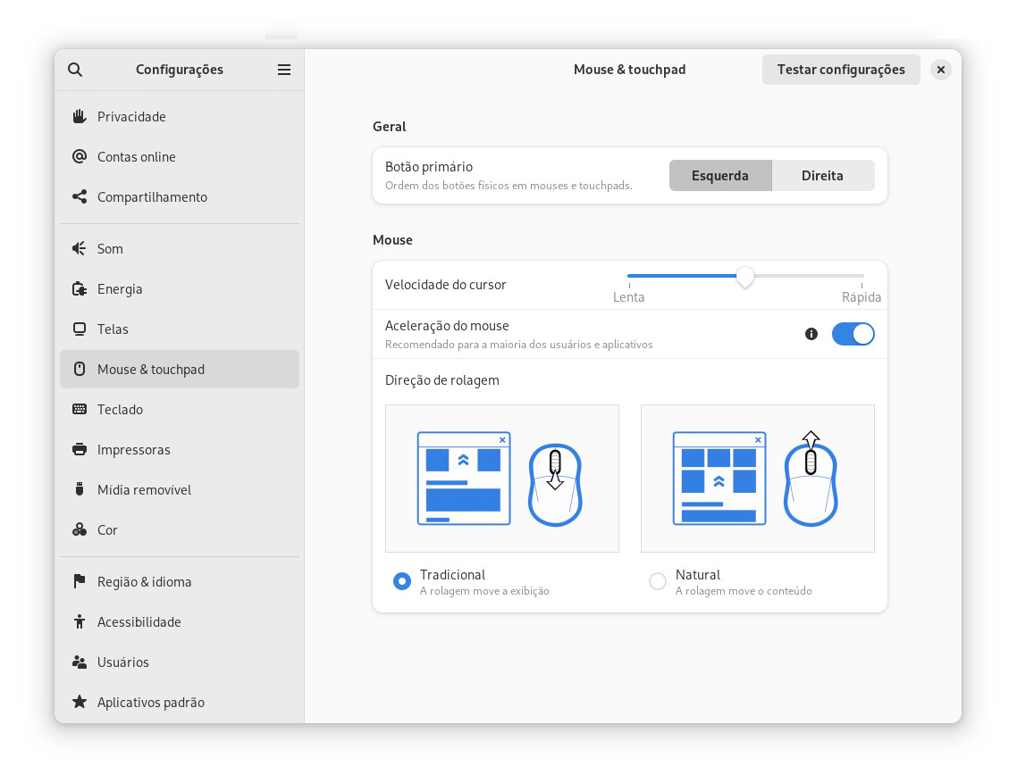 Definindo a caixa de diálogo de configurações de mouse e touchpad Definindo a caixa de diálogo de configurações de mouse e touchpad