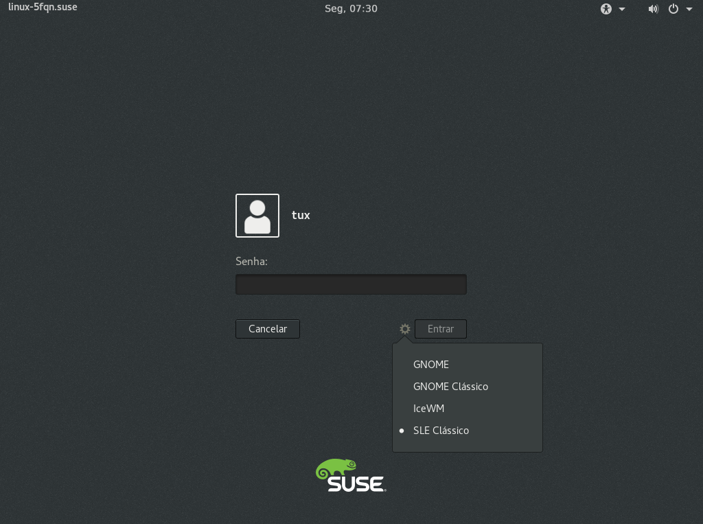 Tela de login do GNOME — Tipo de sessão