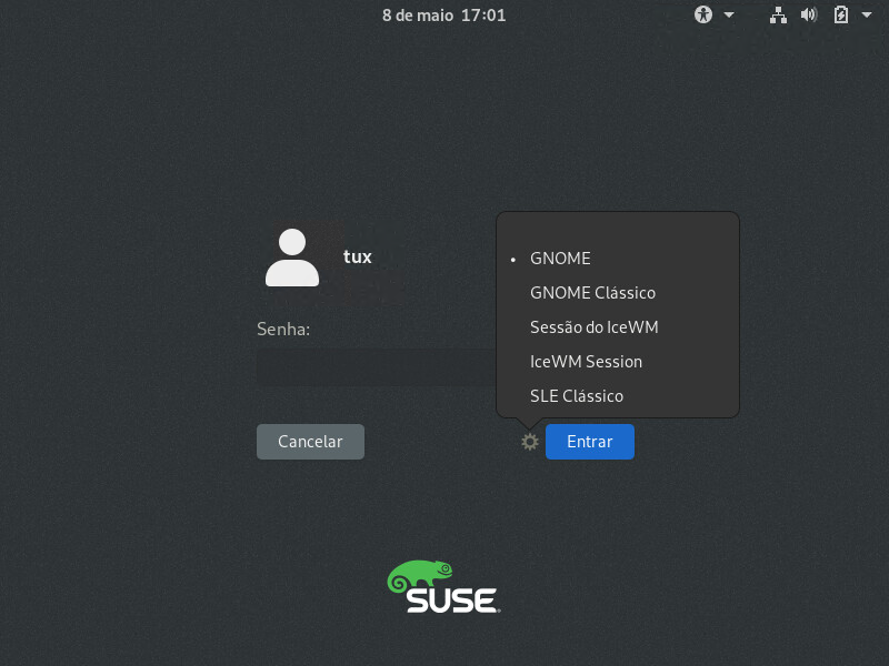 Tela de login padrão do GNOME — Tipo de sessão