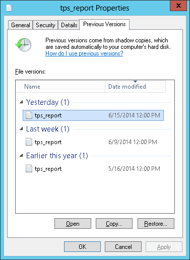 The Previous Versions tab in Windows Explorer
