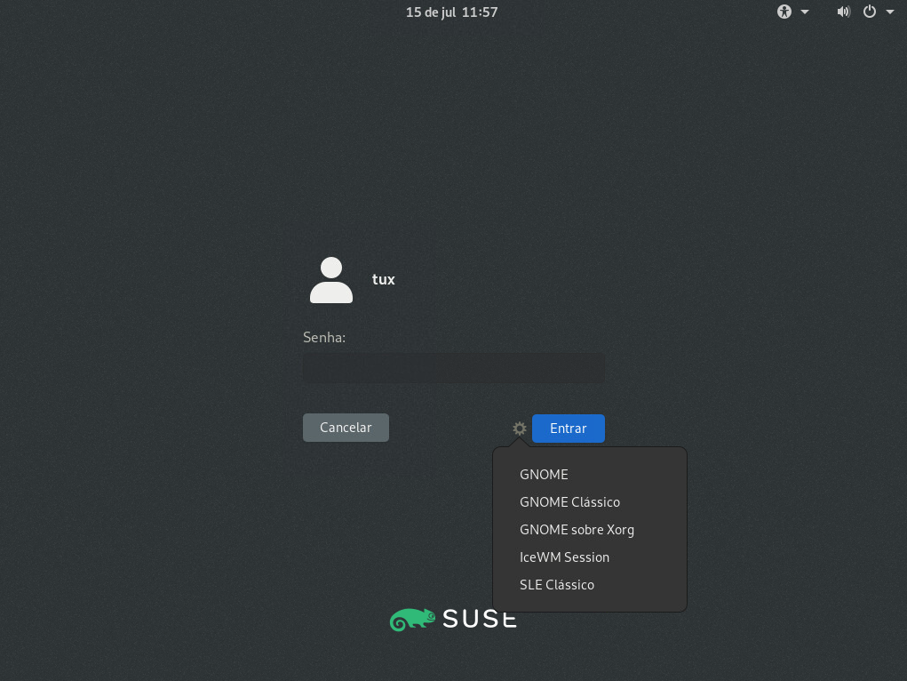 Tela de login padrão do GNOME — tipo de sessão