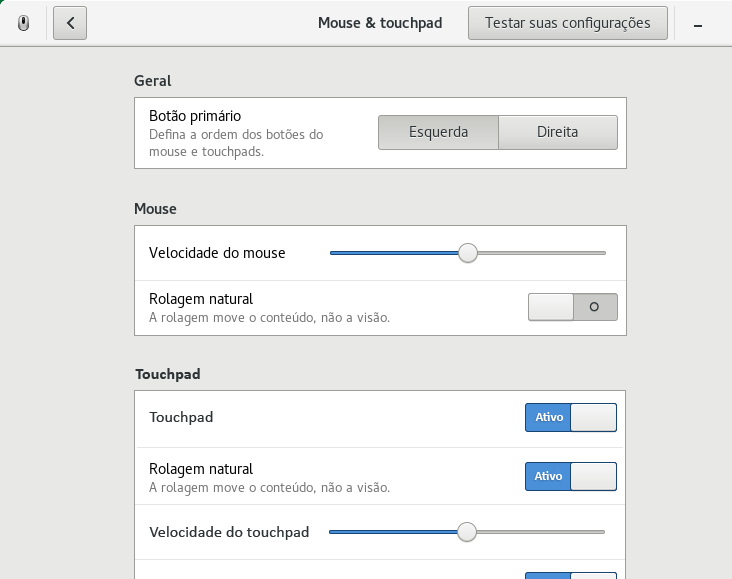 Caixa de diálogo de configurações Mouse e Touchpad