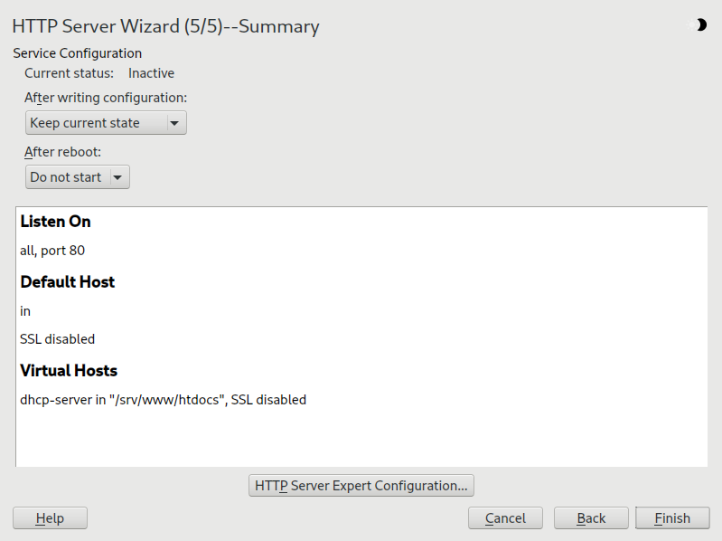 HTTP server wizard: summary