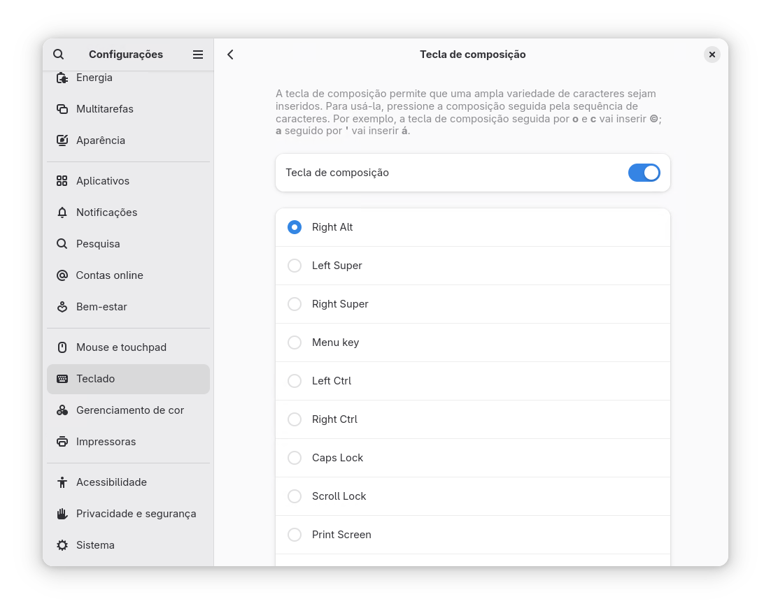 Área de trabalho do GNOME: habilitando a sequência de caracteres da Tecla de composição Área de trabalho do GNOME: habilitando a sequência de caracteres da Tecla de composição