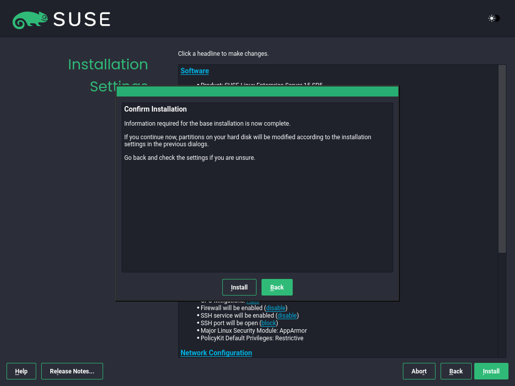 Installation Settings screen with Confirm Installation dialog Installation Settings screen with Confirm Installation dialog