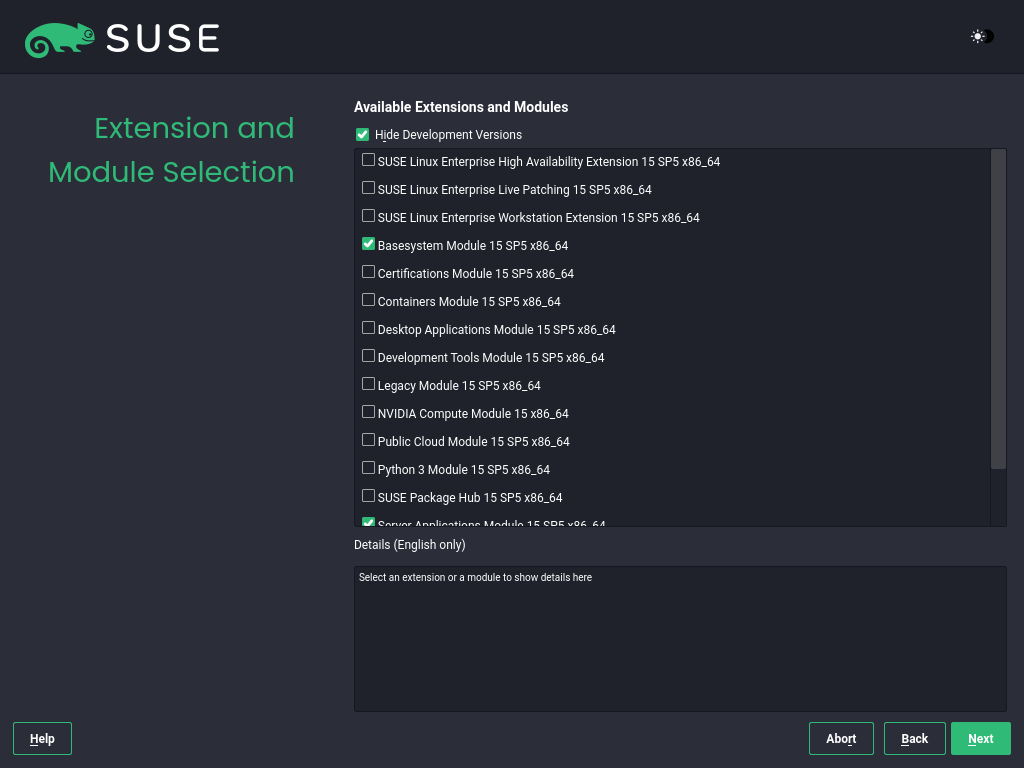Extension and Module Selection screen Extension and Module Selection screen