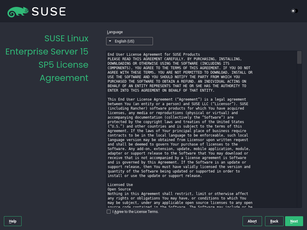 SUSE Linux Enterprise Server License Agreement screen SUSE Linux Enterprise Server License Agreement screen