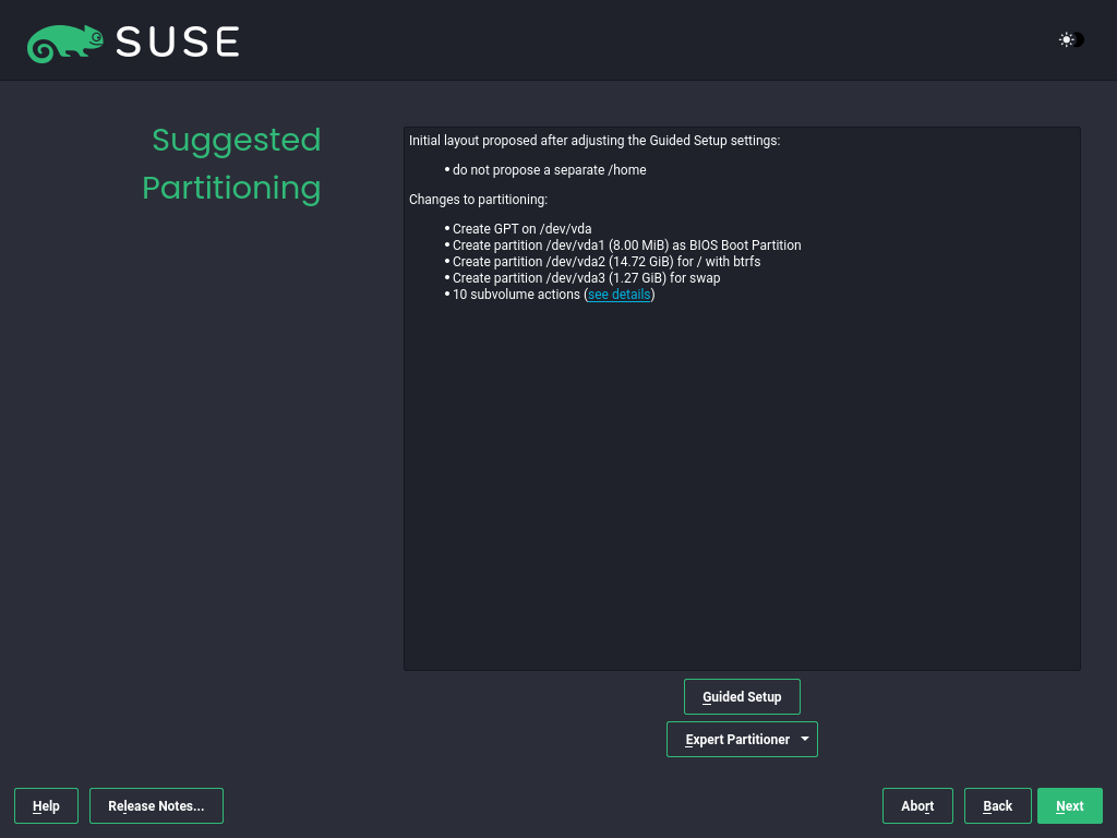 Suggested Partitioning screen Suggested Partitioning screen