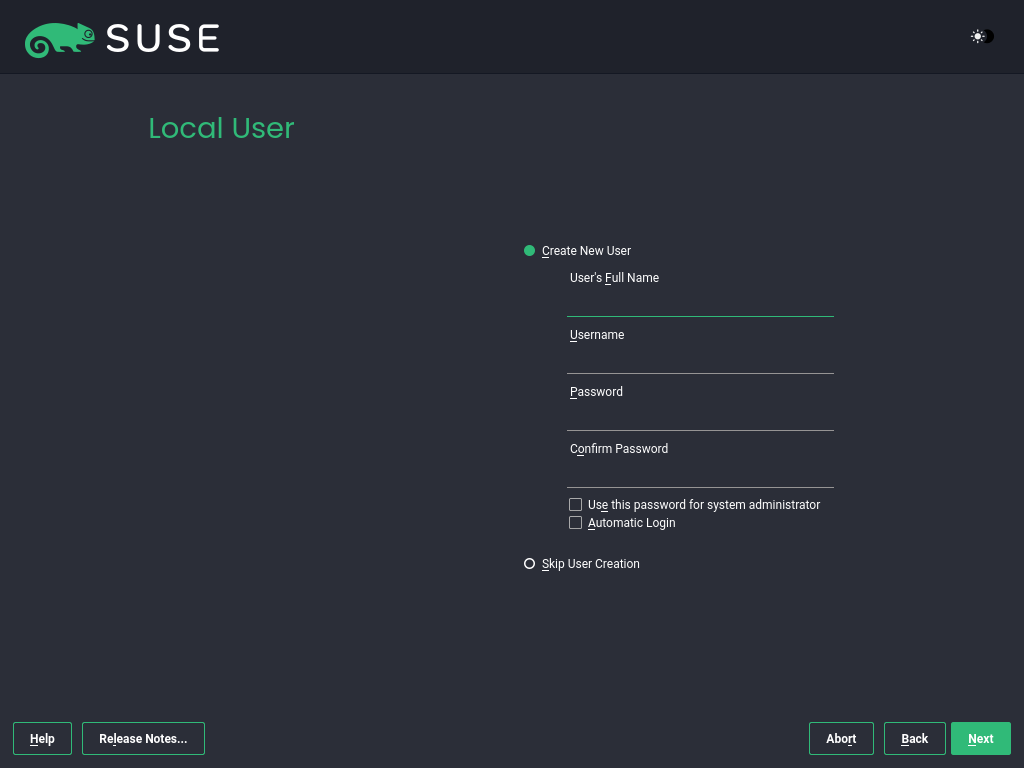 Local User screen Local User screen