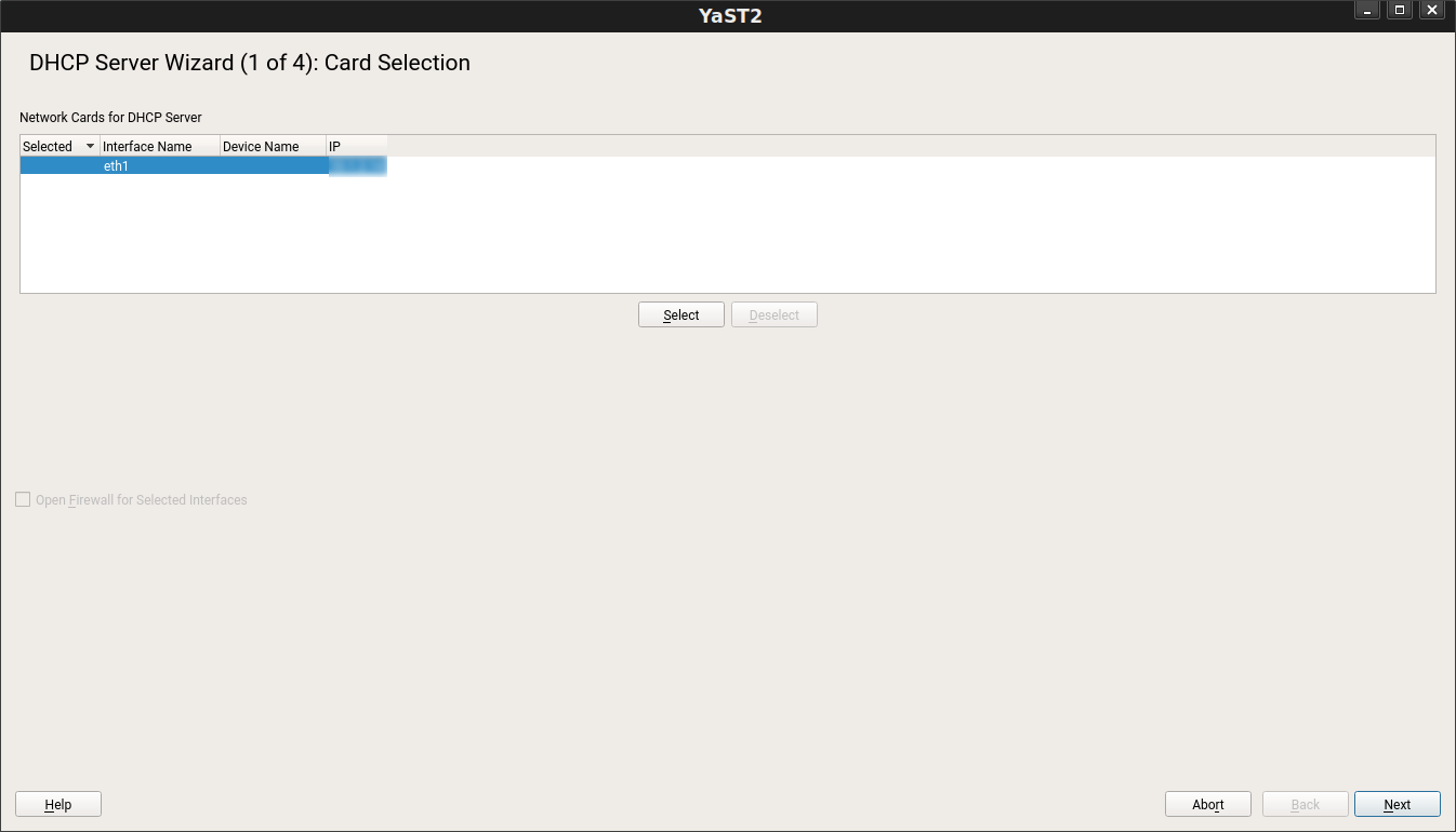 SUSE Manager Web UI - DHCP Server Wizard: Card Selection SUSE Manager Web UI - DHCP Server Wizard: Card Selection