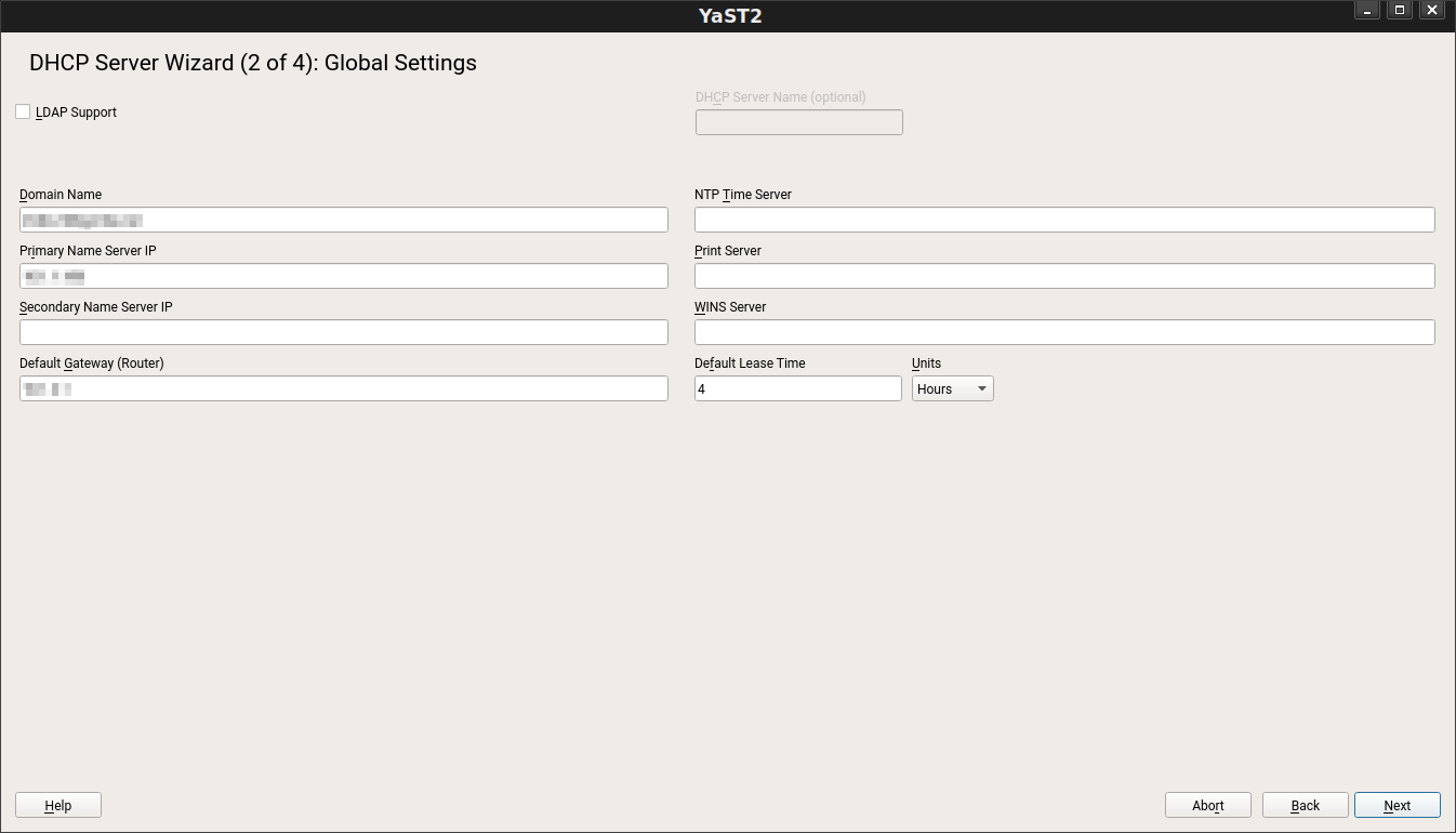 SUSE Manager Web UI - DHCP Server Wizard: Global Settings SUSE Manager Web UI - DHCP Server Wizard: Global Settings