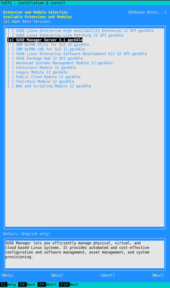 YaST Installation - Extensions and Module Selection YaST Installation - Extensions and Module Selection
