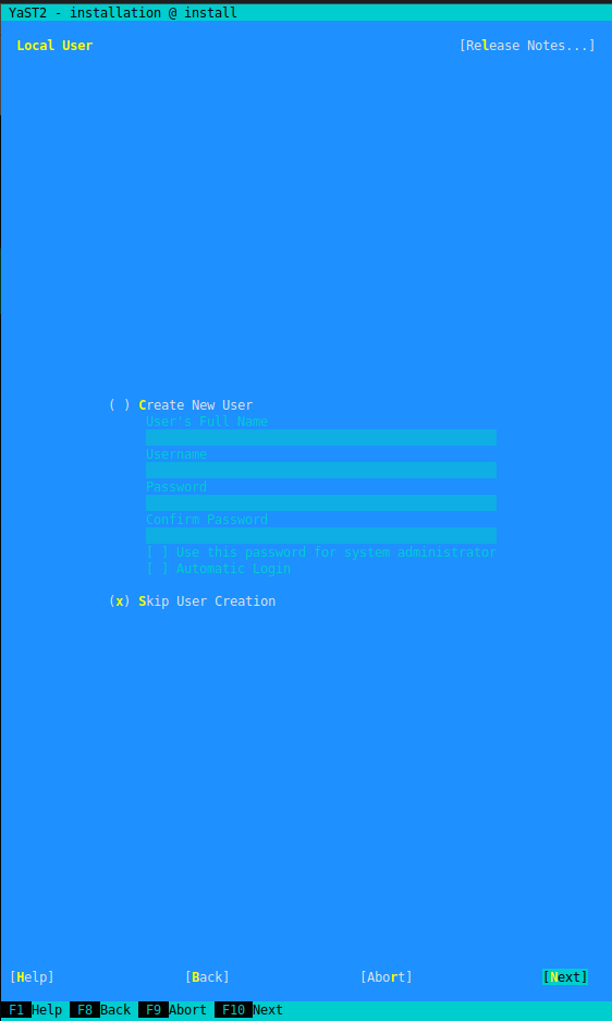 YaST Installation - Local User YaST Installation - Local User