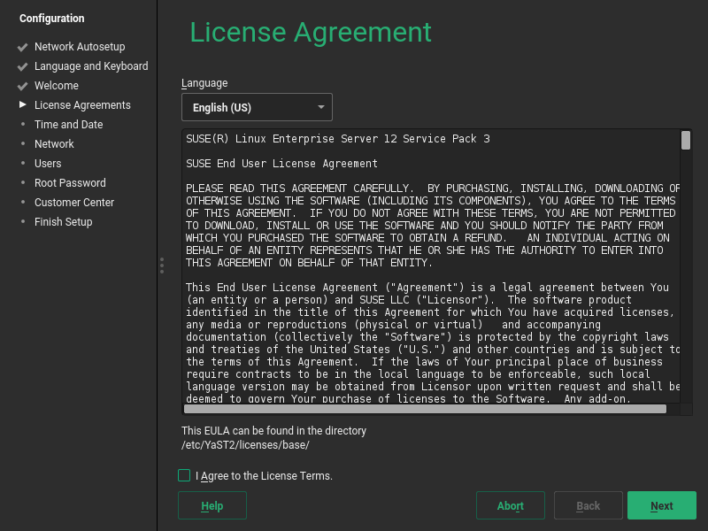 YaST displaying the license text YaST displaying the license text