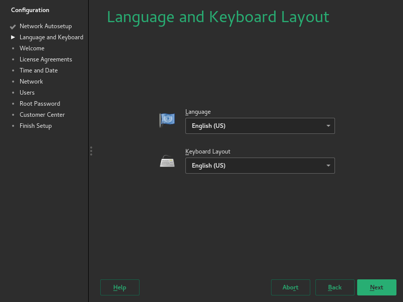 YaST showing keyboard and language configuration on first boot YaST showing keyboard and language configuration on first boot
