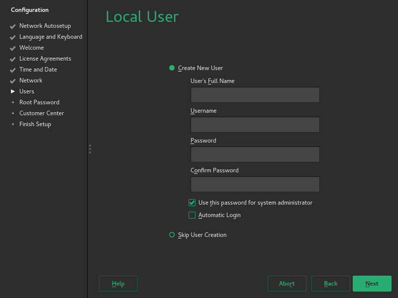 YaST showing basic user configuration YaST showing basic user configuration