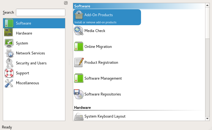 The YaST control center The YaST control center