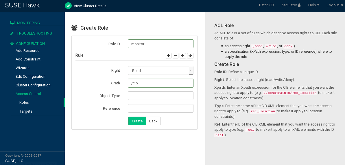 Hawk2's Create Role screen, showing where to define rules for an ACL role.