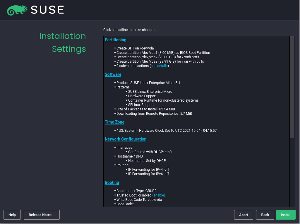Installation Settings Installation Settings