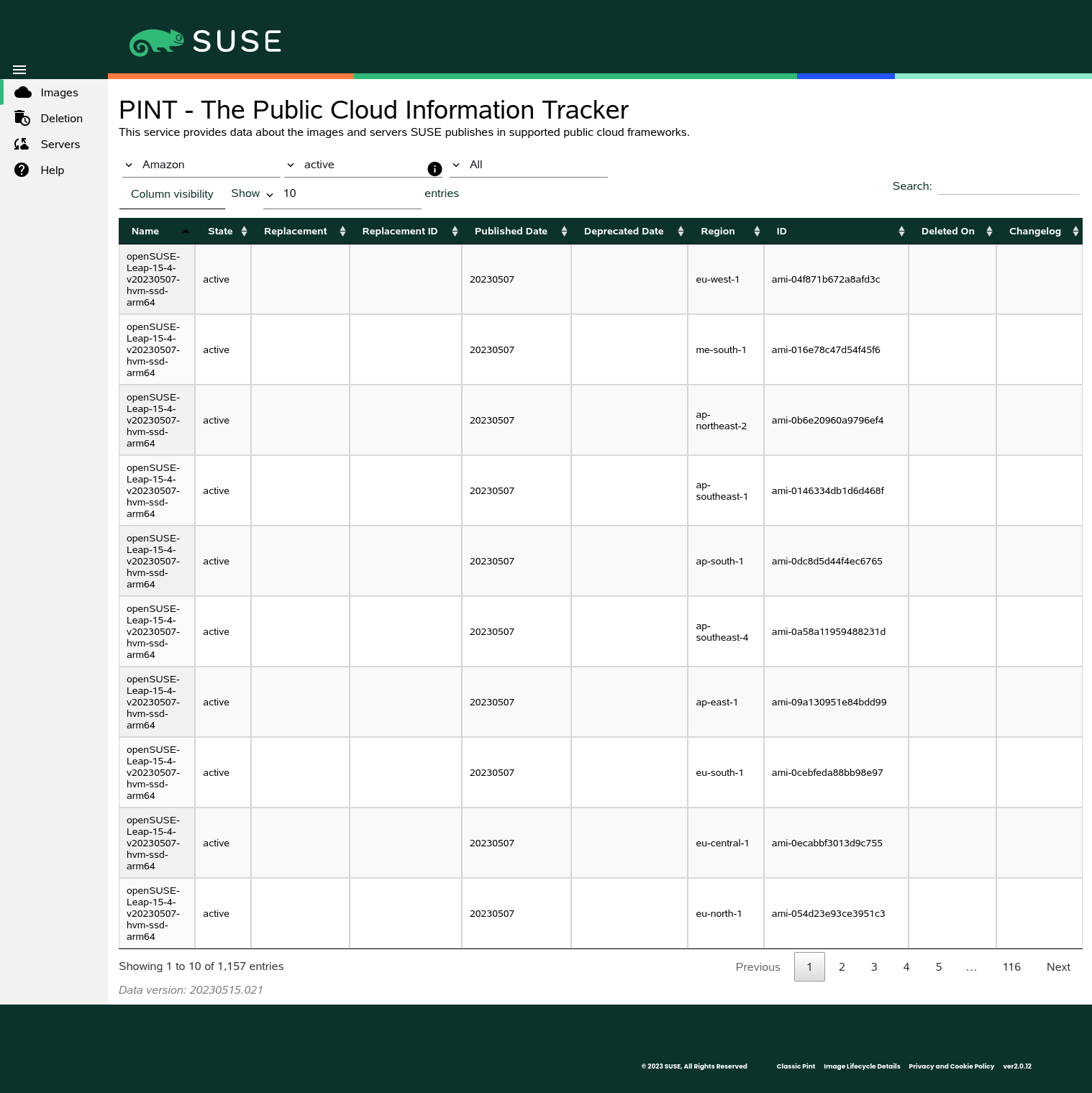 Screenshot of the SUSE Public Cloud Information Tracker (PINT)