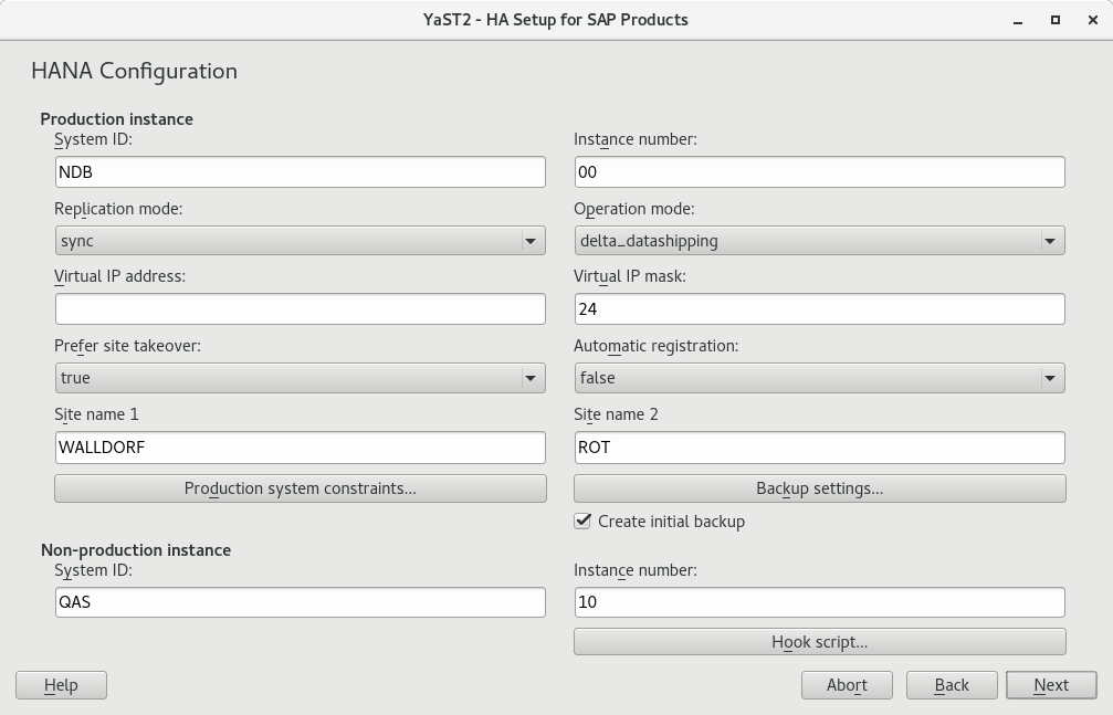 Screenshot of SAP HANA options (cost-optimized scenario)