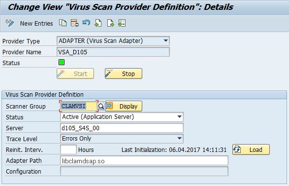 Change view “virus scan provider definition”